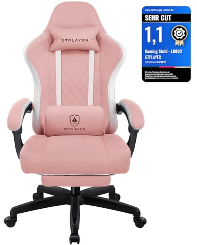 GTPLAYER Gaming Stuhl Ergonomischer Gaming Sessel Schreibtischstuhl mit Stoffoberfläche, Federsitzkissen, Verbindungsarmlehnen und Fußstütze 150KG, Rosa