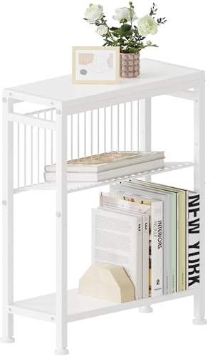 Lifenite Beistelltisch schmal, Couchtisch klein mit 3 Ablagen, Zeitschriftenhalter, Sofa Beistelltisch für schmale Räume, Drahtgeflecht, Nachttisch klein, für Wohnzimmer, Schlafzimmer,Weiß