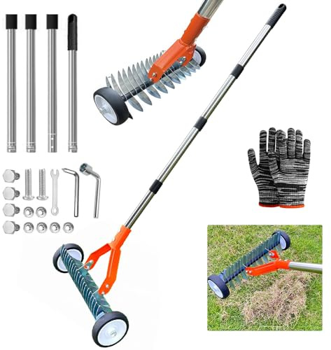 Escarificador Manual con Ruedas, Escarificador con Mango de 165 cm, Aireador de Césped con Ruedas, Rastrillo de Corte de Metal para Jardín, Desmontable, Rastrillo de Escarificación Ajustable
