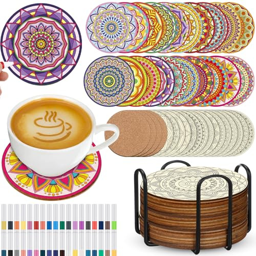 Reallnaive 77 Pcs Mandalas Coasters Painting Kit, 20 Set Wooden Drink Coasters 4 Inch with Holder & Markers Boho DIY Crafts for Adults, Women, Hobby, Color Your Own Art Craft Supplies
