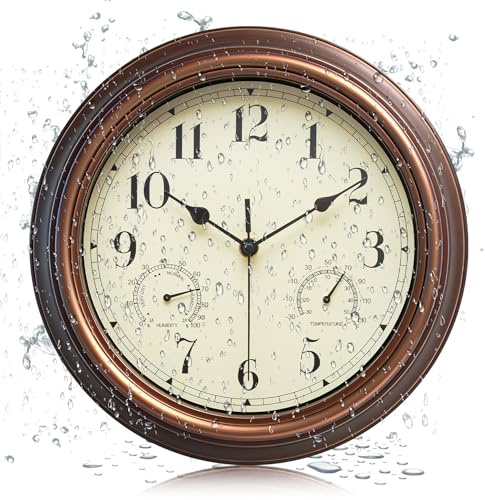 LENAUQ Outdoor Garden Wall Clock, Waterproof Vintage Wall Clock with Thermometer And Humidity, 12 Inch/30cm Non-Ticking Weatherproof Hanging Clock for Patio, Pool, Porch, Garden, Bathroom, Red Copper