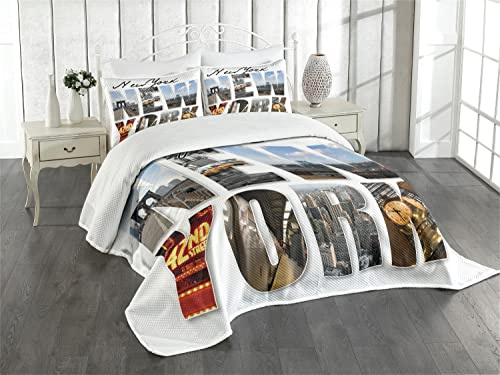 ABAKUHAUS New York Tagesdecke Set, New York Collage, Set mit Kissenbezügen Mit Digitaldruck, für Doppelbetten 220 x 220 cm,Dunkle Taupe Grau