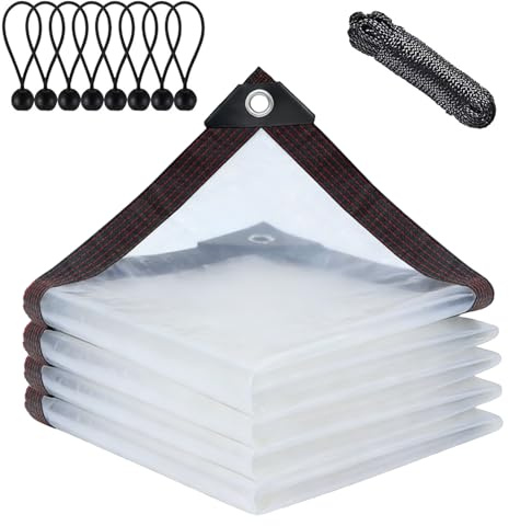 BCBIG Telone impermeabile trasparente con occhielli, per mobili da giardino, utilizzabile per esterni, impermeabile, isolamento delle piante, per mobili, antipolvere, con fettuccia, 3 x 6 m