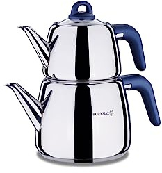 Korkmaz A045-02 Bella Turkish Azure Teapot Set for Stovetop, 18/10 Stainless Steel Double Tea Maker with Bakalite Handles, Samovar Style Tea Kettle with 33.9 Oz (1000ml) & 67.7 Oz (2000ml)