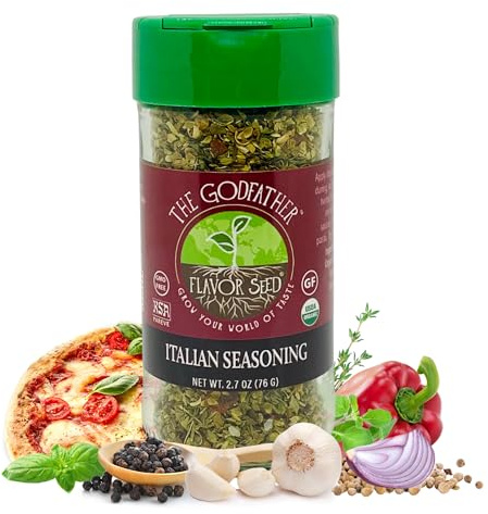Organic Italian Seasoning, The Godfather by Flavor Seed, Mediterranean Blend of Herbs and Spices for Pasta Salad, Tomato Sauces, Pizza Toppings, Organic Salad, Non GMO, Kosher, 1.4oz Glass Shaker