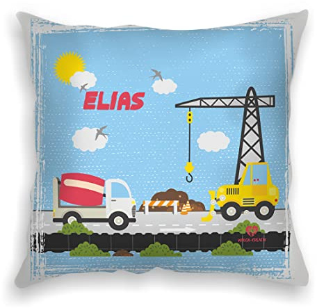 wolga-kreativ personalisiertes Kissen Baukran 40x40 cm – Kuschelkissen mit Namen & süßen Kindermotiven – Geschenk zur Geburt, Taufe & Geburtstag – Namenskissen Bedrucken – Flauschiges Babykissen