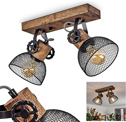 HOFSTEIN Deckenleuchte Orny, verstellabre Deckenlampe aus Metall/Holz in Schwarz/Natur, Leuchte im Industrial/Retro/Vintage-Design, Lichteffekt durch Gitter-Optik, 2xE27, Wohnzimmer, Esszimmer, Küche