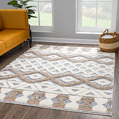 payé Teppich Wohnzimmer Hochflor - 160x230cm - Ethno - Cream Multi - Modern Raute Meliert Muster Skandinavisch Flauschig Wohnteppich Schlafzimmer Dekoration