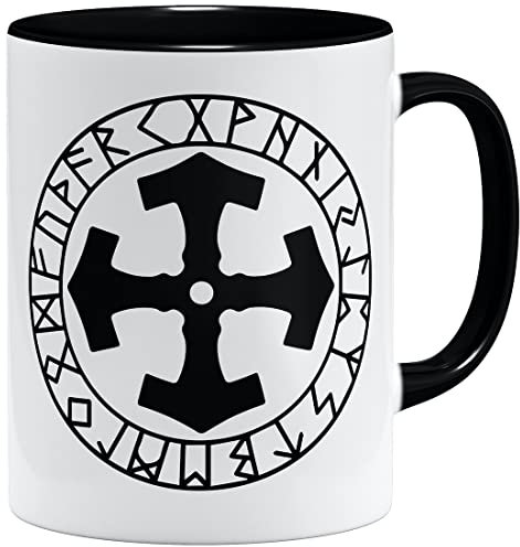 OM3® Thor's Hammer Runen Mjölnir Tasse | Keramik Becher | 11oz 325ml | Sons of Odin Wikinger Nordic Warrior | Schwarz