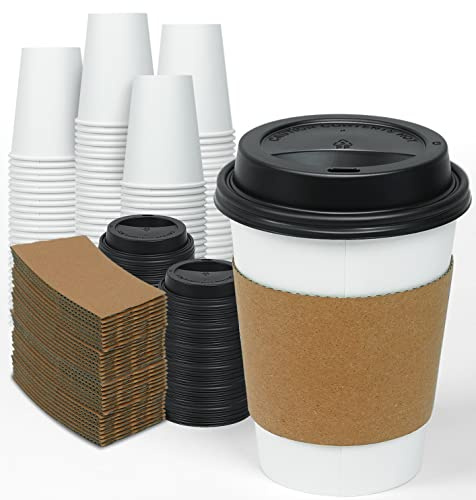 Ginkgo 100 Pack 12 oz Disposable Thickened Paper Coffee Cups with Lids and Sleeves, To Go Hot Coffee Cups, Hot Chocolate, Cocoa and Coffee Bar Supplies