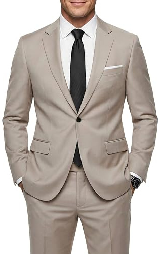 MY'S Men's 2 Piece Suit with Tie, One Button Slim Fit Solid Jacket and Pants Set, Suits for Men Party Prom Wedding & Business, Beige