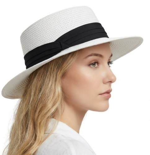 HIQIU Sommarhatt damer halm solhatt brett brätte platt topp stråhatt UPF 50+ solskydd strandhatt resa panamahattar för kvinnor