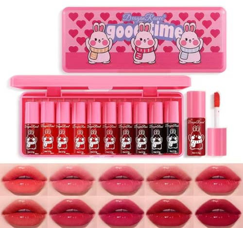 10 Colors Lip Tint Stain Set, Korean Lip Gloss Set, Watery Mini Liquid Lipstick Long lasting, Transfer-Proof, Multi-Use Lip and Cheek Tint, Lipgloss Set for Teenage Girls and Women