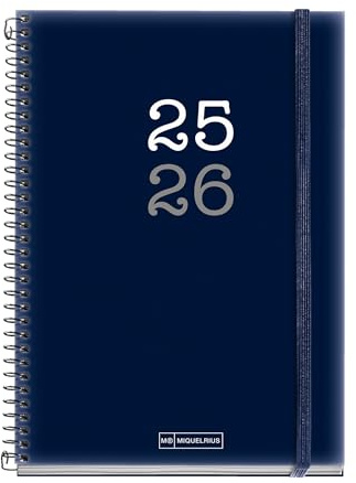 Miquelrius - Agenda Escolar 2025 2026, Planificador 12 Meses: Septiembre a Agosto, Tamaño 150 x 213 mm, Semana Vista, Cubierta de Polipropileno Opaco, Cierre con Goma, Español-Inglés