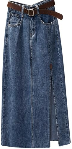 YCBMINGCAN Falda de mezclilla larga para mujer A-line con abertura, falda de verano de cintura alta con botón continuo, falda de mezclilla vintage de corte estrecho, elegante y casual., #1-azul, XL