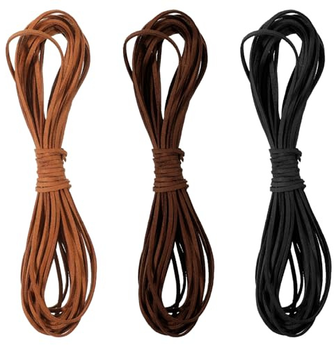 Ajcotahm 3 Rolls Thin Leather String, Flat Suede Cord, Leather Shoe Laces for Boots, Faux Leather Braiding Rope for Jewelry Making Necklace Bracelet Art Crafts Beading