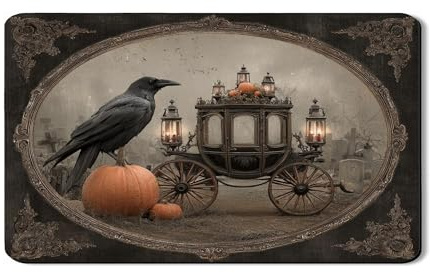 Gothic Raven Dish Drying Mats For Kitchen Counter, Vintage Black Carriage Absorbent Rubber Mat, Autumn PU Leather Drying Pad For Coffee Bar 12x20 Inch