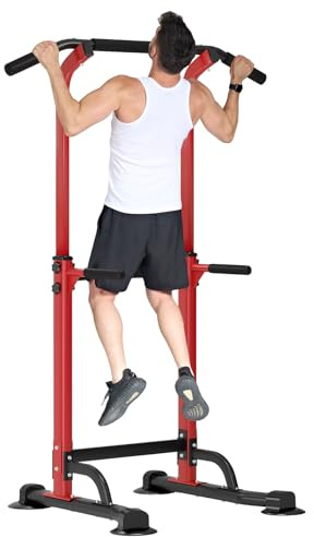 AuraCraft Power Tower, Dip Station, barra per trazioni multifunzione, con barra di trazione, regolabile in altezza da 169 a 210 cm (nero + rosso, 74 x 81 cm)