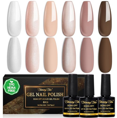 Shining She TPO HEMA-fria halvpermanenta nagellack i UV-gel, 6 färger glitter mjölkvit beige champagne naken mörkbrun halvpermanent nagellack för nybörjare nagelkonst, 8 ml