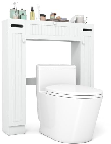 COSTWAY Toalettskåp över Toalett, Toaletthylla med Toalettpappershållare, 3 Dörrar, Justerbara Hyllor, Fristående Överskåp i Vitt för Badrum 87x18,5x99 cm