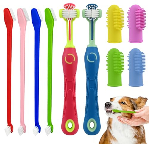 Hundezahnbürste Set, 10 Stück, für Hunde und Katzen, 2 Stück 3-Kopf Hundezahnbürsten, 4 Doppelkopf, 4 Fingerzahnbürsten, 360° Reinigung, für kleine und große Hunde, Familien mit mehreren Haustieren