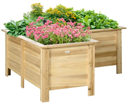 Outsunny Jardinera Elevada de Madera en Forma de L 120x120x50 cm Natural | Tela no Tejida, Macetero Exterior, Huerto Urbano, Cultivos de Plantas y Flores, Terraza Jardín