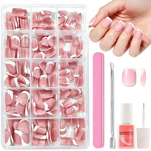 French Tip False Nails - 240Pcs Extra Short Square Press On Nails - 15 Sizes Nude Pink Fake Nails - Full Cover Acrylic Nails - White Tip Stick On Nails with Glue for DIY Nail Art