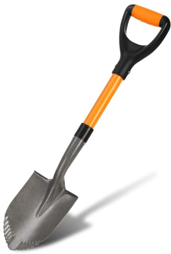 28-Inch Mini Garden Round Point Shovel, Kids Small Shovel, Fiberglass Handle with D-Grip & Serrated Alloy Steel Head for for Car Emergency, Beach, Garden Planting & Light Digging