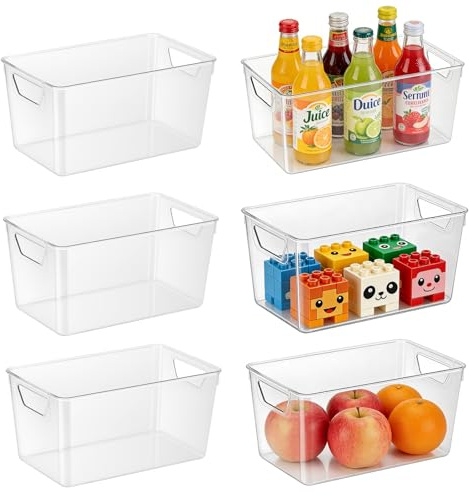 6 Pack Clear Plastic Food Storage Bins Bathroom Organiser Open Storage Bins | Versatile Kitchen Organiser Storage Boxes with Handle for Fridge Makeup Kitchen Cupboard Pantry Cabinet, 25x15.2x12.7cm