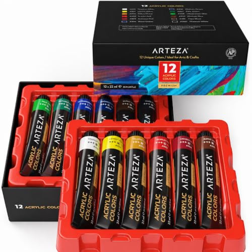 Arteza Acrylic Paint Sets, 24 Colors/Tubes (22 ml/0.74 oz.) with Storage Box, Rich Pigments, Non Fading, Non Toxic Paints for Artist, Hobby Painters & Kids, Ideal for Canvas Painting