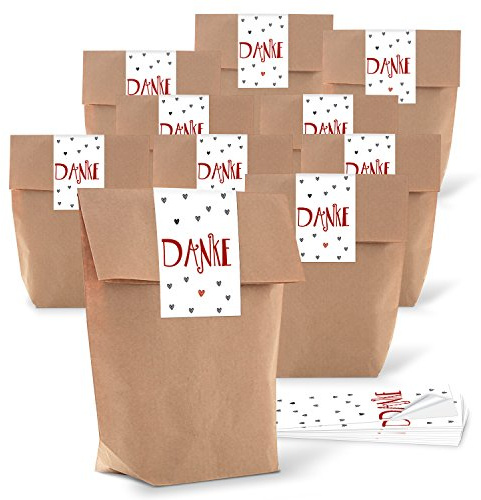 Logbuch-Verlag 10 Geschenktüten - braune Papiertüten mit Danke Aufkleber - rot graue HERZEN - Verpackung für Give-Aways & Dankeschön Geschenke 14 x 22 x 5,5 cm