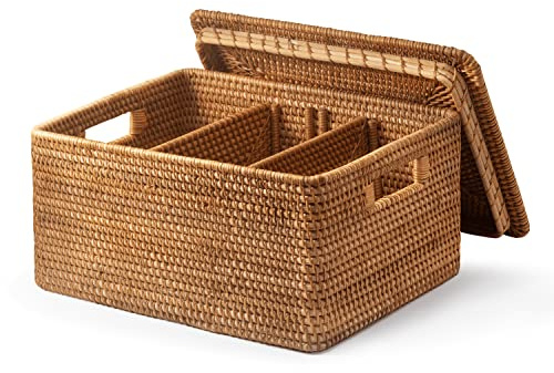 GaiaMade Handwoven Rattan Basket With Lid, Natural Wicker Storage Basket with Detachable Divider for Organizing, Large Wicker Basket With Lid for Storage and Decoration