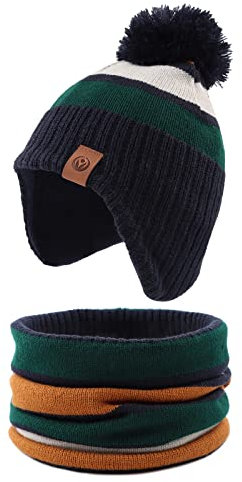 XIAOHAWANG Baby Mütze Winter Klassische Kindermütze Mädchen Jungen Warme Strickmütze mit Pompon Kleinkind Bommelmütze für Outdoor-Aktivitäten (2-4Jahren, Grün(Hut+Schal))