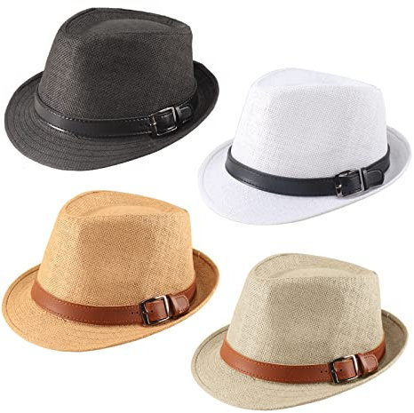 Forwe 4 Pack Straw Fedora Hat for Men Women Short Brim Trilby Hat Classic Panama Summer Beach Sun Hat (B-02)