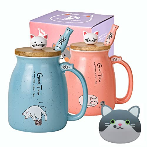 SHENDONG 2 Pack Cat Mugs Cute Ceramic Coffee Cups Set of 2 with Kawaii Bamboo Lid and Spoon Novelty Morning Cup Coffee Milk Tea Mugs - 3D Animal cat Mugs Cat Lovers Gifts(Blue and Red)