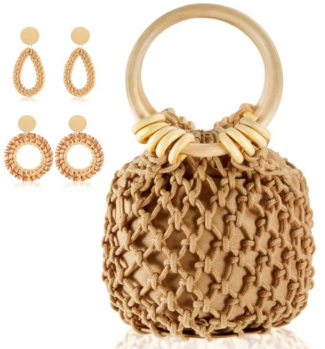 Sweetude Beach Purse for Vacation, Straw Bag for Women, Classic, Coffee