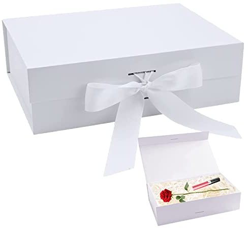 Presentask med lock, 21 x 17 x 7 cm presentlåda, magnetisk presentkartong med rosett, presentförpackning, födelsedag, presentförpackning för bröllop, jul, alla hjärtans dag (vit)