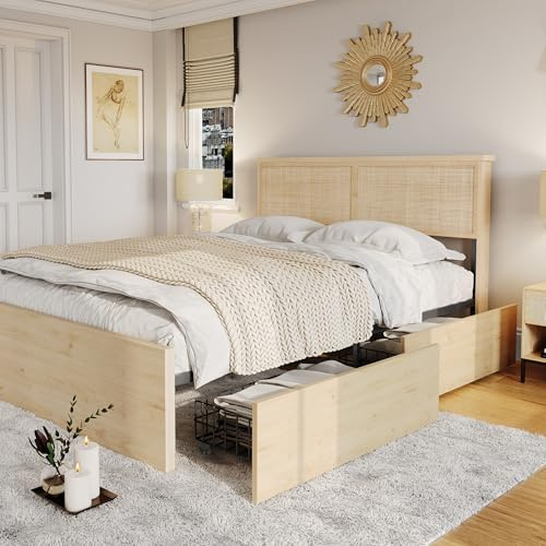 Brafab Natural Rattan Queen Bed Frame with Wooden Headboard and 4 Storage Drawers, Boho Cane Bed Metal Platform Bed with Strong Wooden Slat, Noise Free, No Box Spring Needed