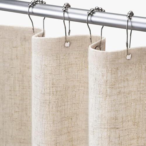 Awellife Duschdraperi i linne, tygblandning, duschdraperi för badrum, extra långt draperi, beige, 183 x 213 cm (B x L)