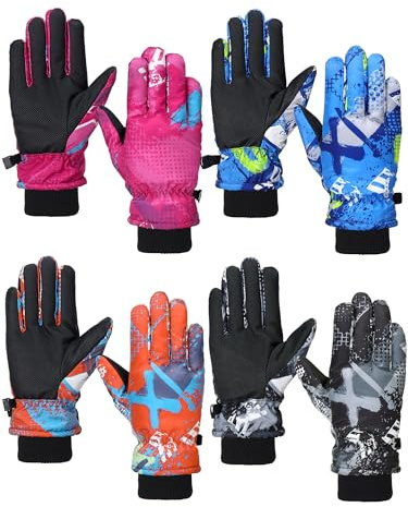 Hicarer 4 Pairs Winter Gloves for Kids Waterproof Snow Ski Gloves Girls Boys Warm Unisex Youth Clothes for Cold Weather(Gray, Pink, Blue, Orange,6-12 Years Old)