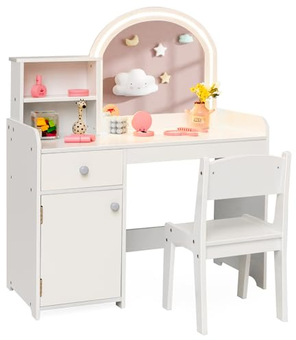 COSTWAY Kids Vanity Table and Stool Set, Children Study Desk with 2-Color LED Lights Mirror, Shelves, Drawer & Cabinet, Wooden Makeup Dressing Tables for Playroom Bedroom (White)