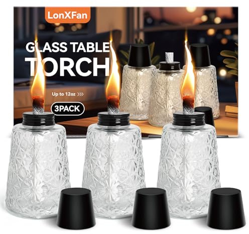 3 Pack Glass Outside Table Top Torch, Tabletop Citronella Oil Torches for Outside Replacement Fuel Torch Canisters with Wicks and Caps Lanscape Lanterns Torches for Yard, Patio, Garden, Party Decor