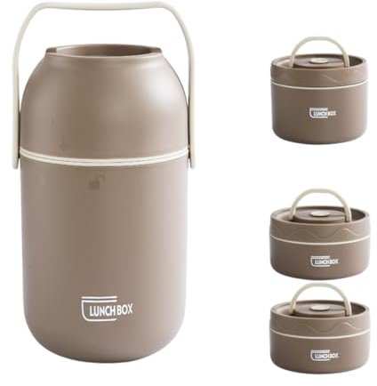 Genérico Termo para Alimentos con Compartimentos, Diseño Agradable y Funcional - Blanco y Beige - 1,2 Litros y 1,5 Litros (2 o 3 recipientes) - Plato incluido y Asa de transporte. (Marron, 1,5 L)