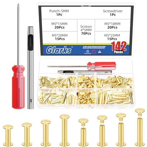 Glarks Kit di 70 Viti Chicago Glarks M5 x 15/18/20/25 mm Dorato, Include 70 Viti di Rilegatura Chicago, 1 Punzone, 1 Cacciavite, Viti a Pressione con Bottone Chicago e Rivetti