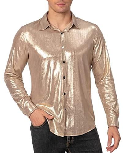 Chemise à paillettes pour homme des années 70 Disco Shiny Metallic Chemises brillantes à manches courtes Slim Fit Paillettes T-shirt boutonné Chemise à thème, soirée de nuit, carnaval, costume, beige