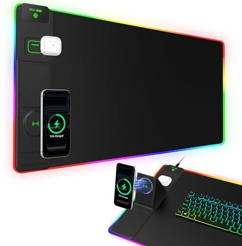 XXL RGB LED Gaming Mouse Pad with Magnetic Wireless Charger & Foldable Phone Holder, 31.5x15.8 Extended Ultra-Smooth Desk Mat, 25 Lighting Effects, Non-Slip Base