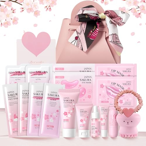 LAIKOU Sakura Skincare Set, Kit Soins Ado Fille, 18 Pièces Coffret Soin Visage Format Voyage, avec Nettoyante Crème Masque Patch Lèvres Elastique Cheveux, pour Hydratant Nourrissant & Éclat