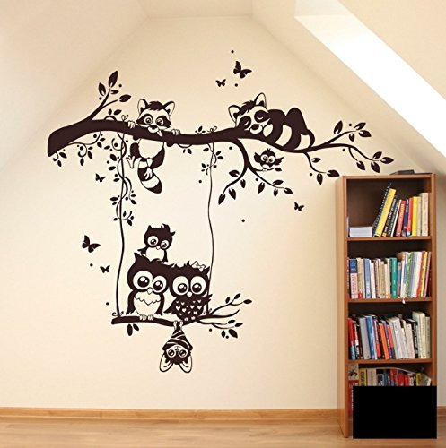 Wandtattoo Wandaufkleber Eulen Waschbären auf Zweig Ast Eulenwandtattoo M1545 - ausgewählte Farbe: *Schwarz* - ausgewählte Größe: L 100cm breit x 90cm hoch