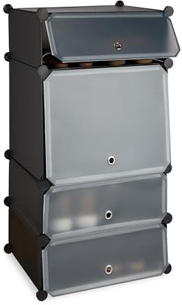 Relaxdays Schuhregal Kunststoff, Regalsystem 4 Fächer, Steckregal, mit Türen, für 8 Paar, HBT 91 x 49 x 36,5 cm, schwarz