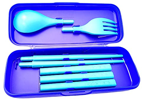 Tupperware Set di posate (8) con bacchette + forchetta + cucchiaio, set da picnic da portare in scatola speciale turchese